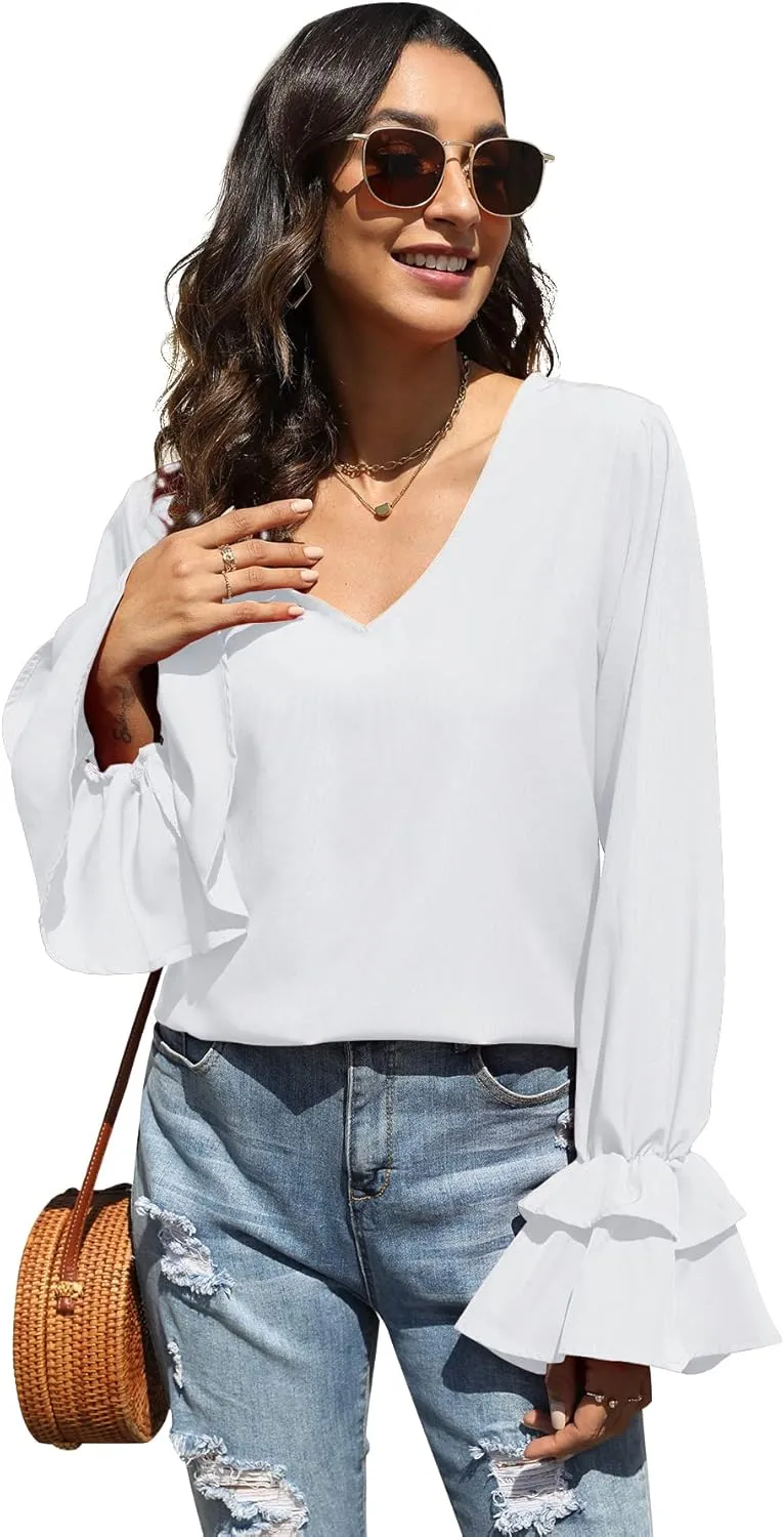 LYANER Women's Casual V Neck Tiered Ruffle Bell Long Sleeve Blouse Shirt Tunic Top