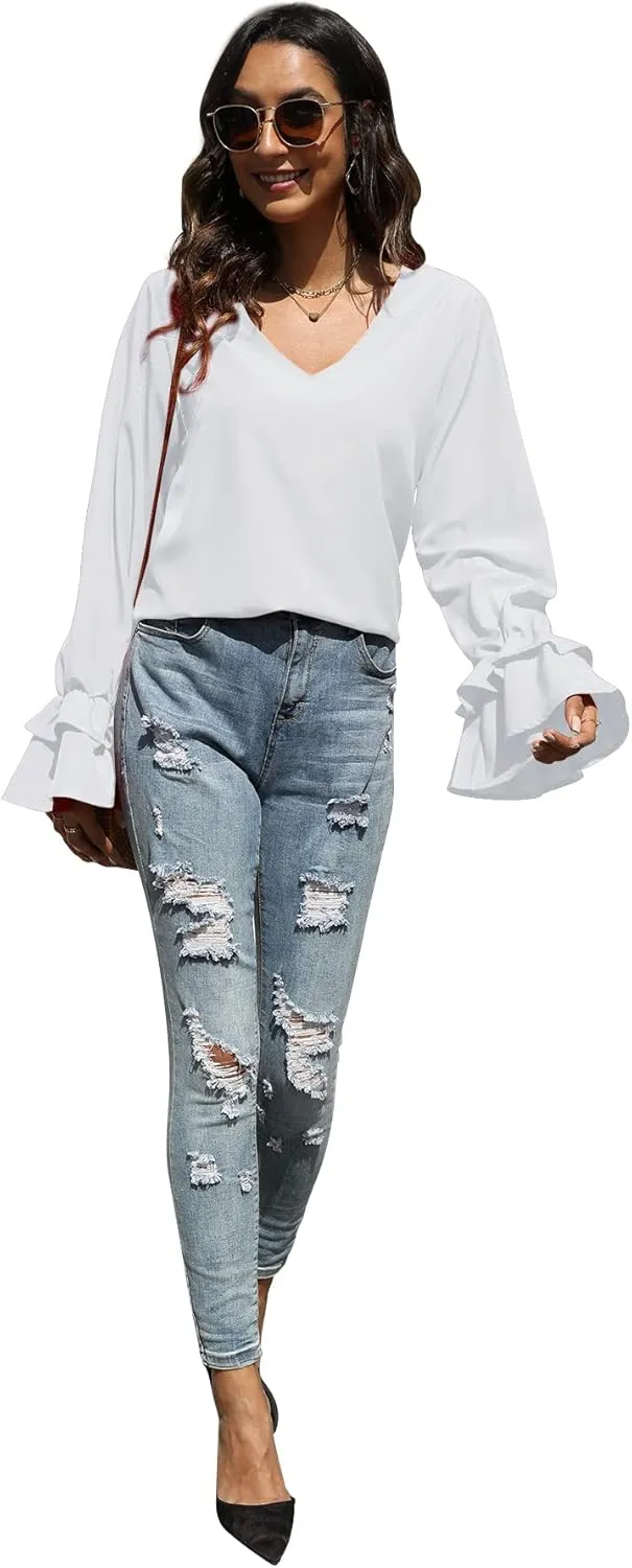 LYANER Women's Casual V Neck Tiered Ruffle Bell Long Sleeve Blouse Shirt Tunic Top