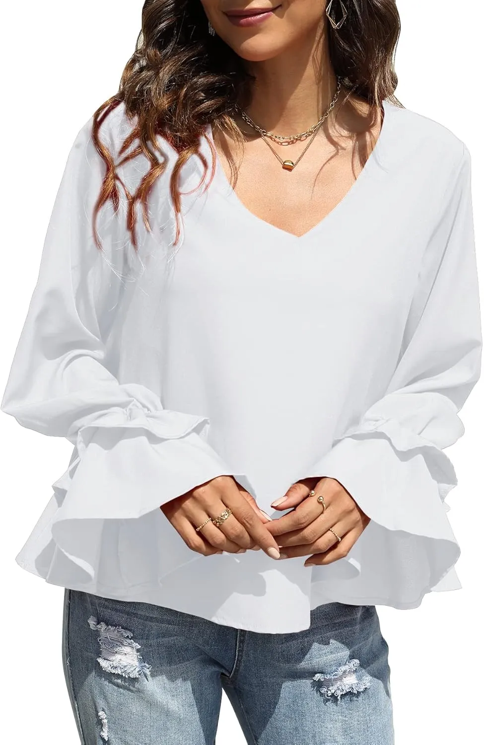 LYANER Women's Casual V Neck Tiered Ruffle Bell Long Sleeve Blouse Shirt Tunic Top