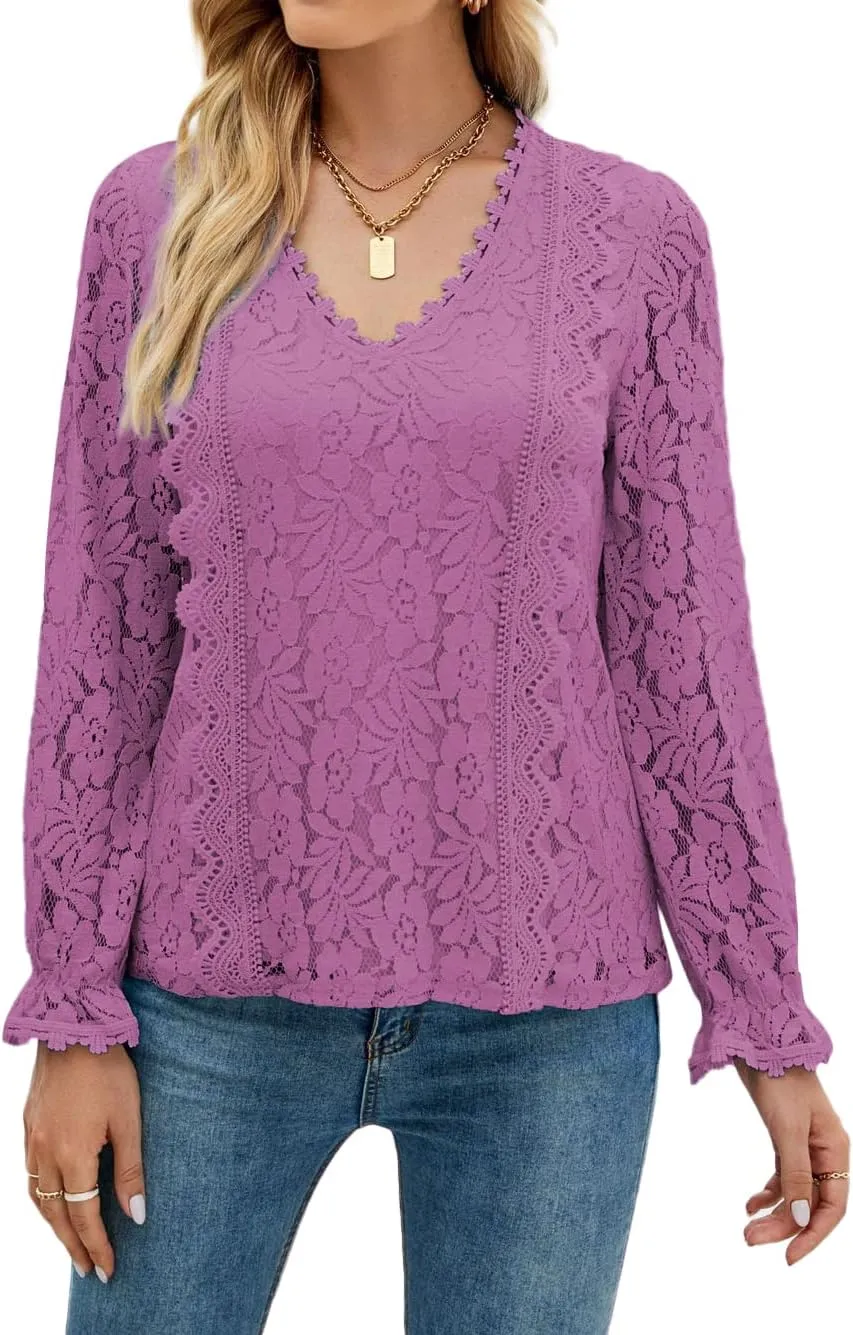 LYANER Women's Elegant Lace V Neck Lined Long Sleeve Tunic Blouse Shirt Top