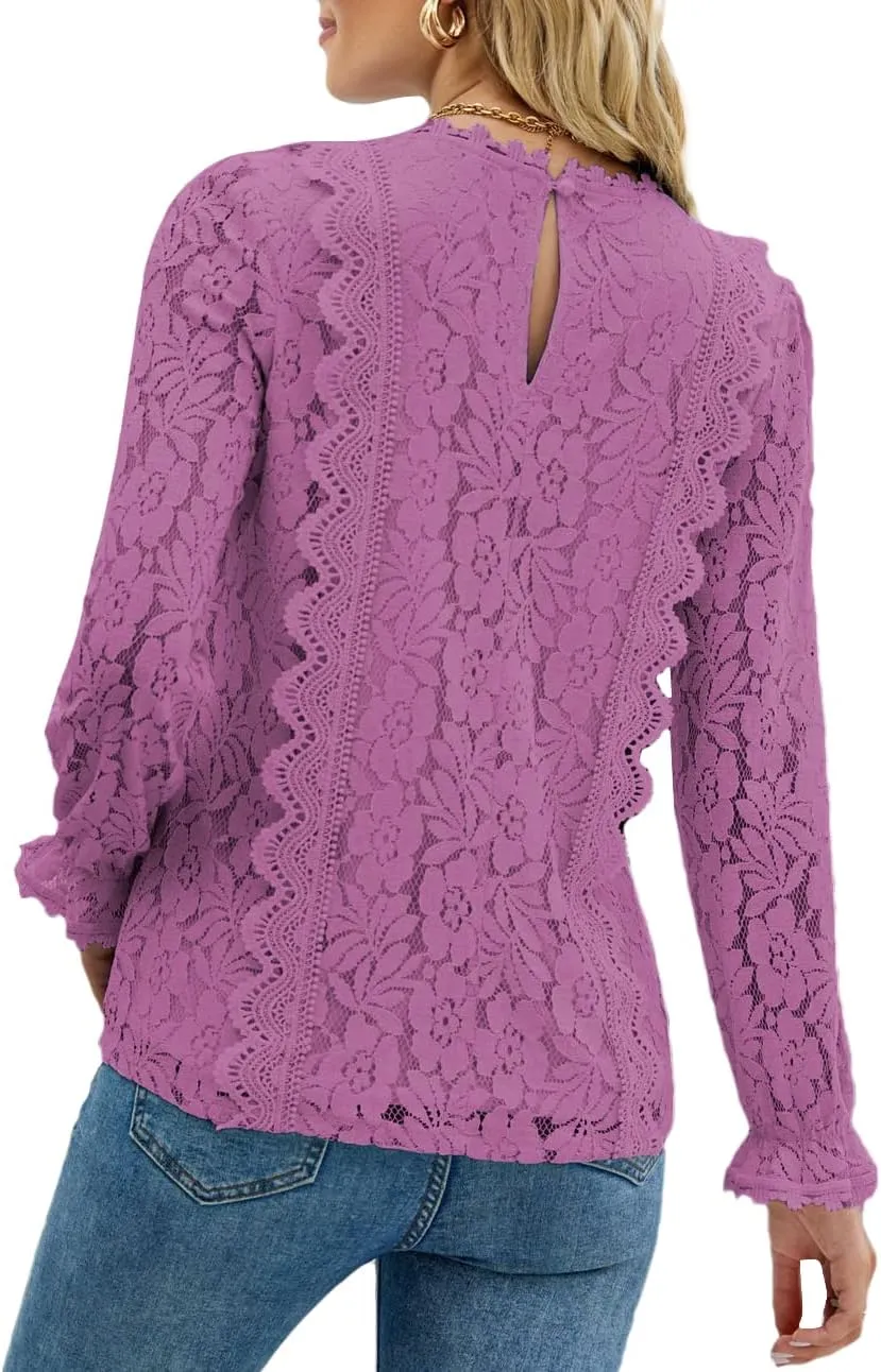 LYANER Women's Elegant Lace V Neck Lined Long Sleeve Tunic Blouse Shirt Top