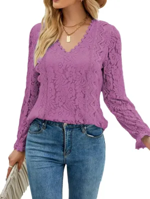 LYANER Women's Elegant Lace V Neck Lined Long Sleeve Tunic Blouse Shirt Top