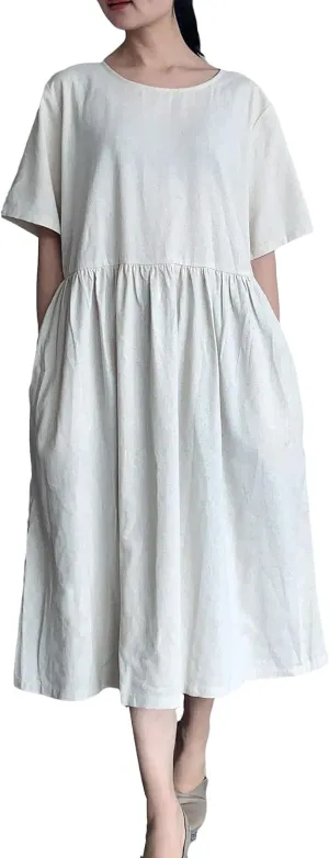 Minibee Women's Linen Tunic Summer Dress Casual Midi Dresses with Pockets