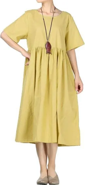 Minibee Women's Linen Tunic Summer Dress Casual Midi Dresses with Pockets