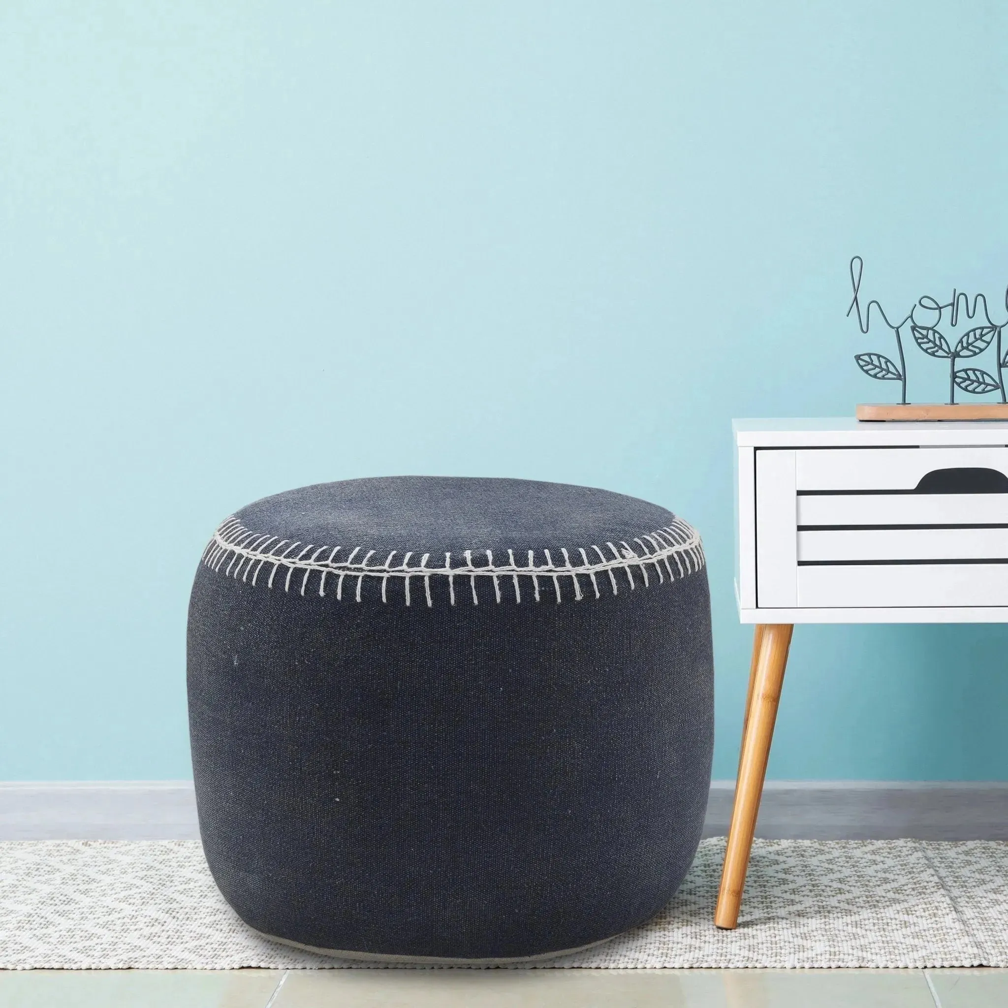 Natural Lr34034 Navy/White Pouf