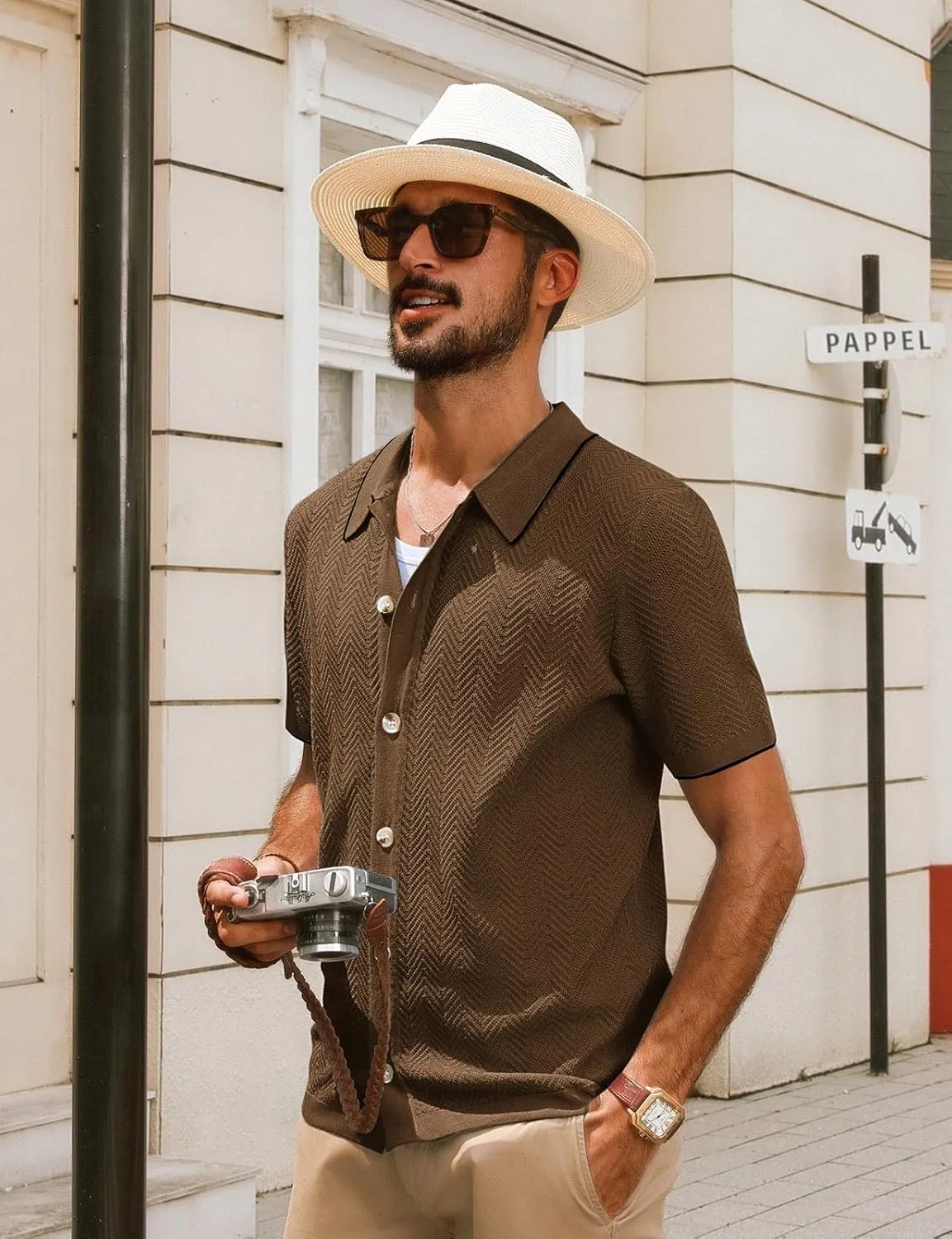 PJ PAUL JONES Men's Knit Polo Shirt Short Sleeve Button Down Shirt Vintage Summer Beach Shirts