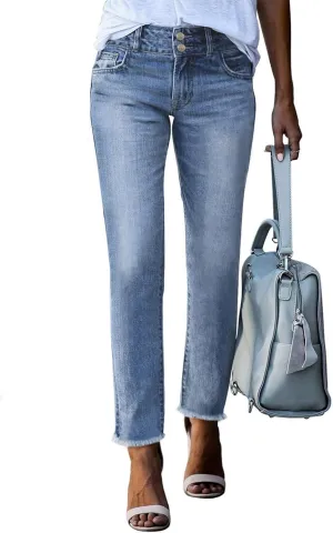 Sidefeel Women's High Waisted Jeans Strechy Fashion Raw Hem Straight Leg Ankle Denim Pants with Pockets