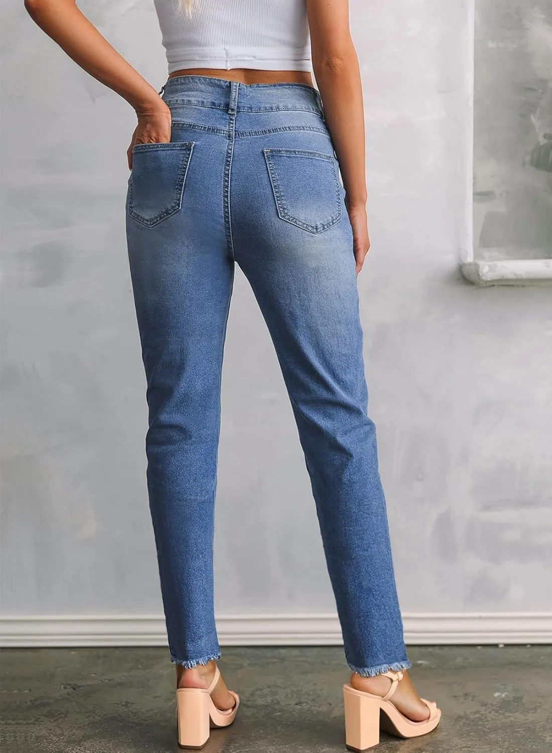 Sidefeel Women's High Waisted Jeans Strechy Fashion Raw Hem Straight Leg Ankle Denim Pants with Pockets