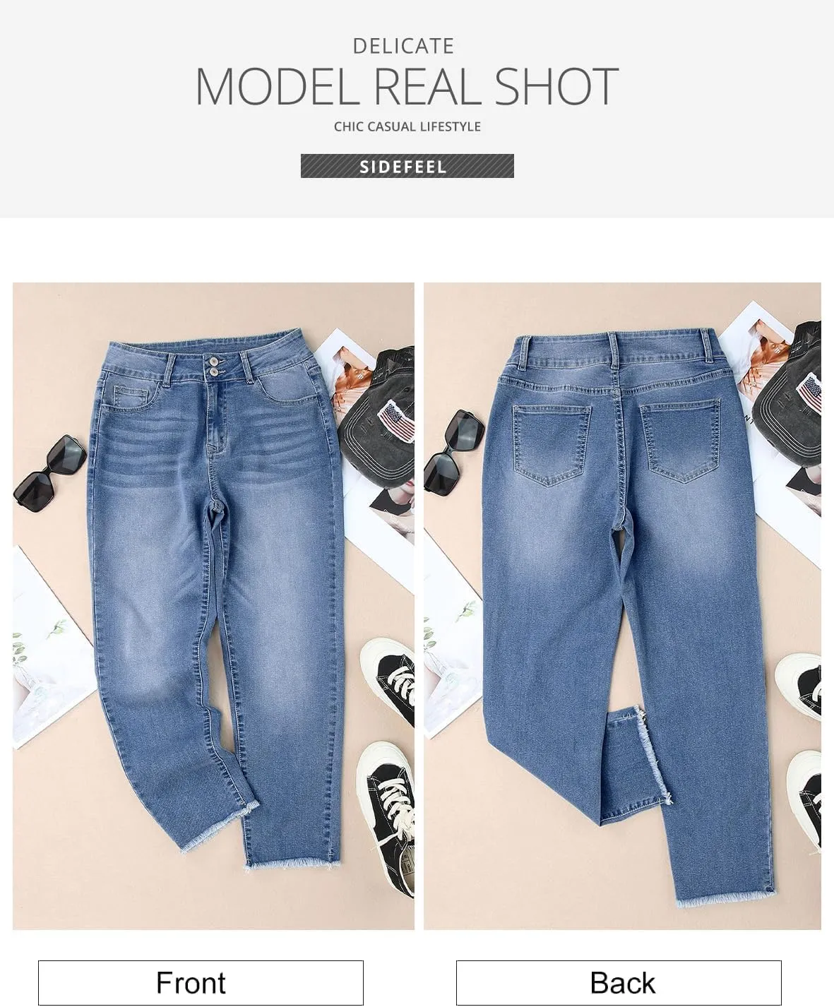 Sidefeel Women's High Waisted Jeans Strechy Fashion Raw Hem Straight Leg Ankle Denim Pants with Pockets