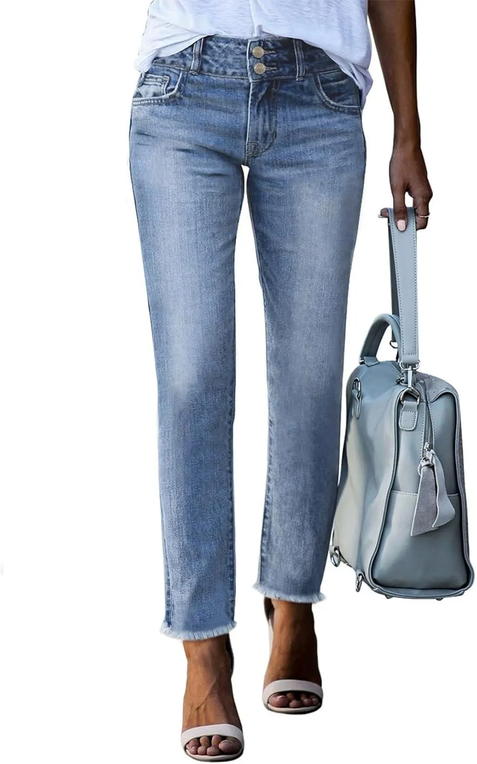 Sidefeel Women's High Waisted Jeans Strechy Fashion Raw Hem Straight Leg Ankle Denim Pants with Pockets