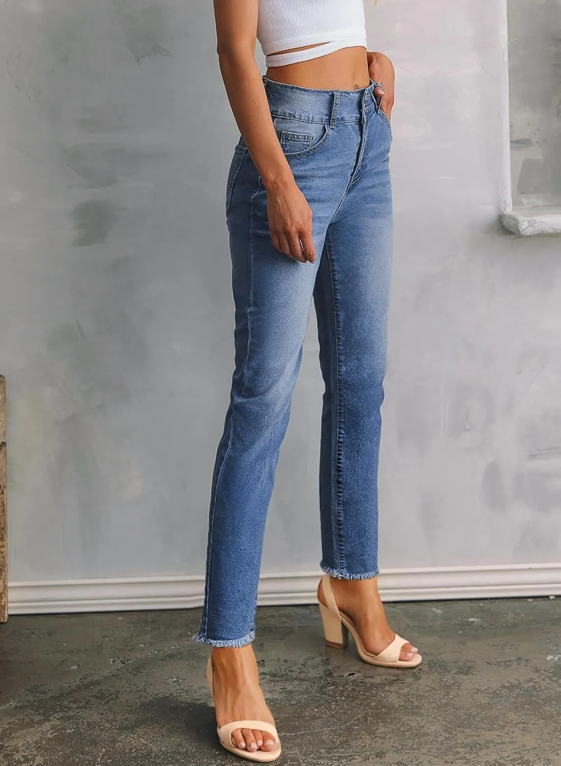 Sidefeel Women's High Waisted Jeans Strechy Fashion Raw Hem Straight Leg Ankle Denim Pants with Pockets