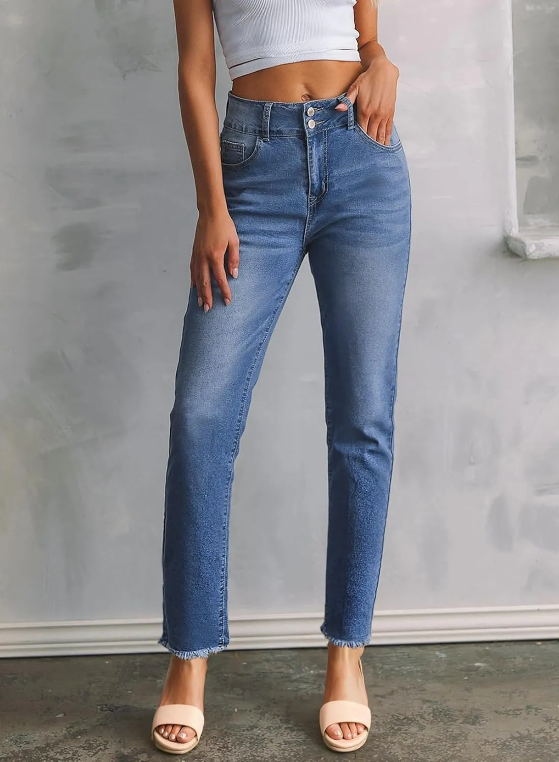 Sidefeel Women's High Waisted Jeans Strechy Fashion Raw Hem Straight Leg Ankle Denim Pants with Pockets