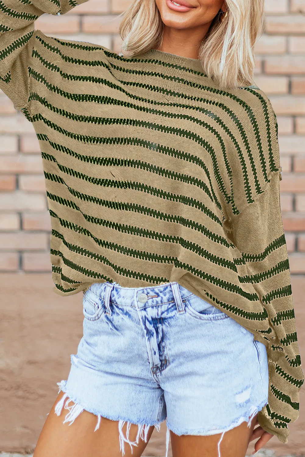 Sky Blue Casual Stripe Round Neck Drop Shoulder Sweater