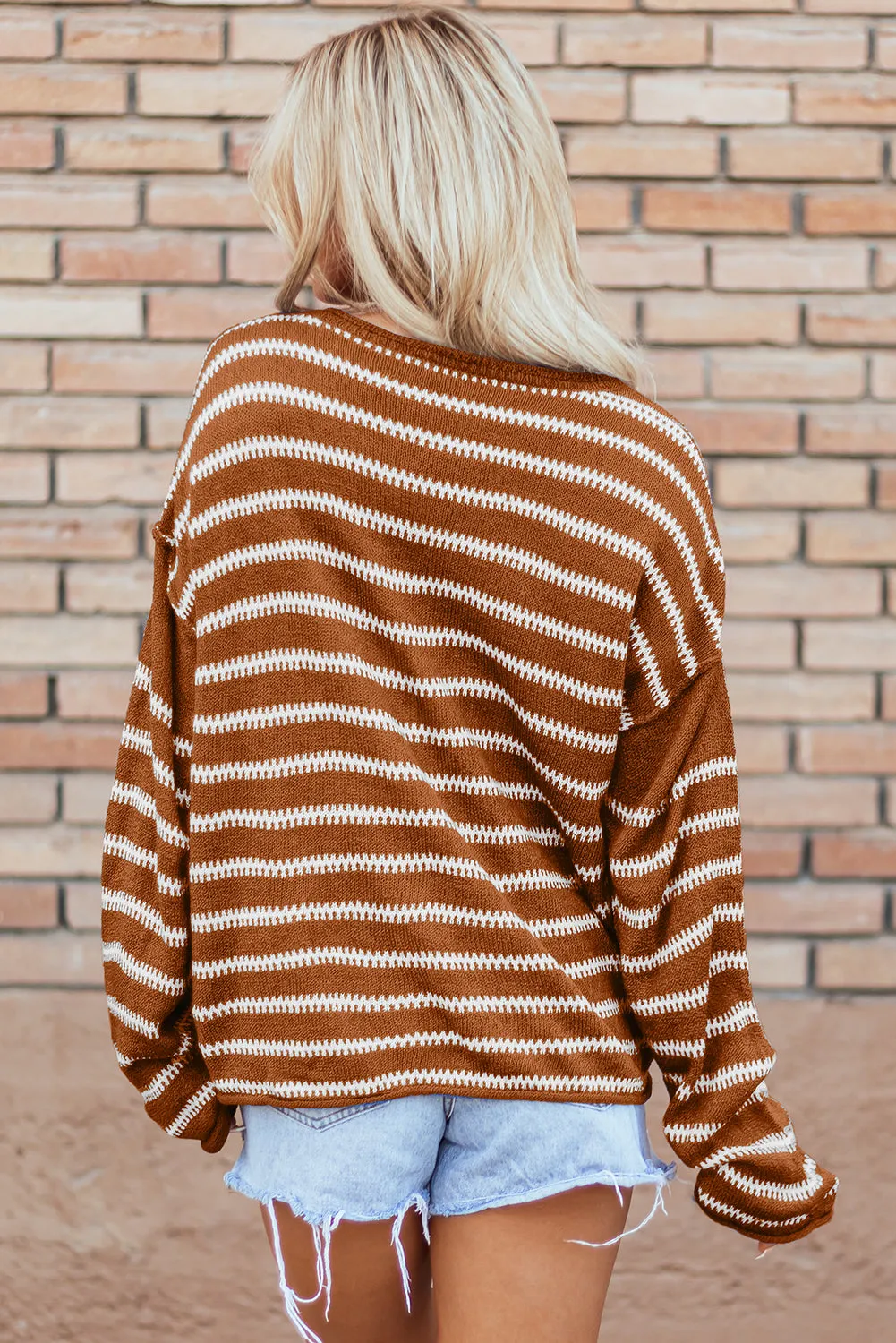 Sky Blue Casual Stripe Round Neck Drop Shoulder Sweater