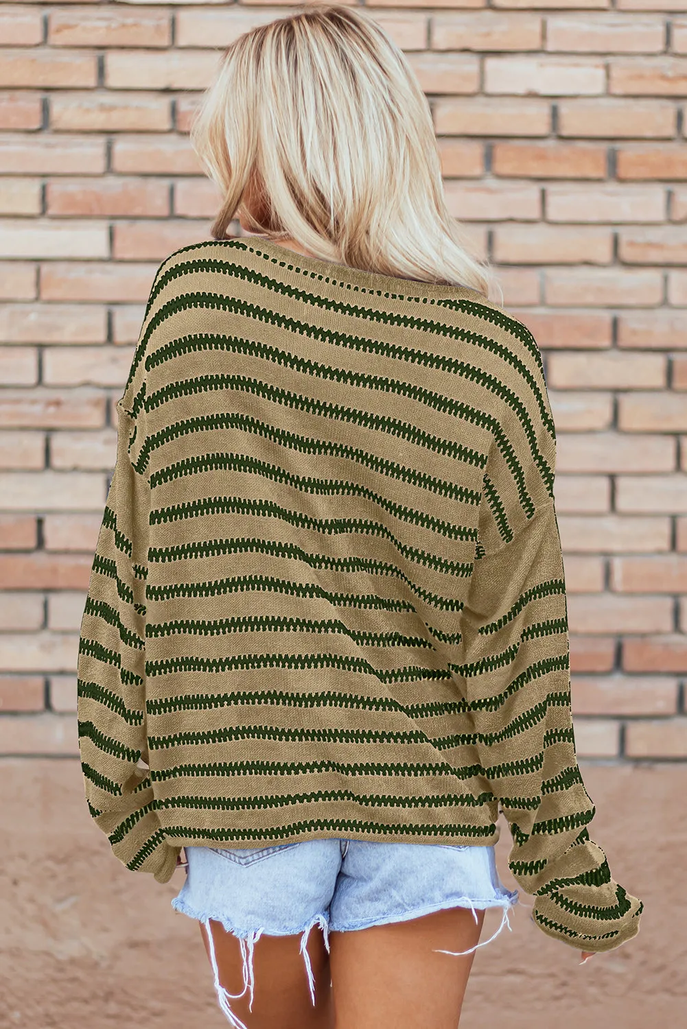 Sky Blue Casual Stripe Round Neck Drop Shoulder Sweater
