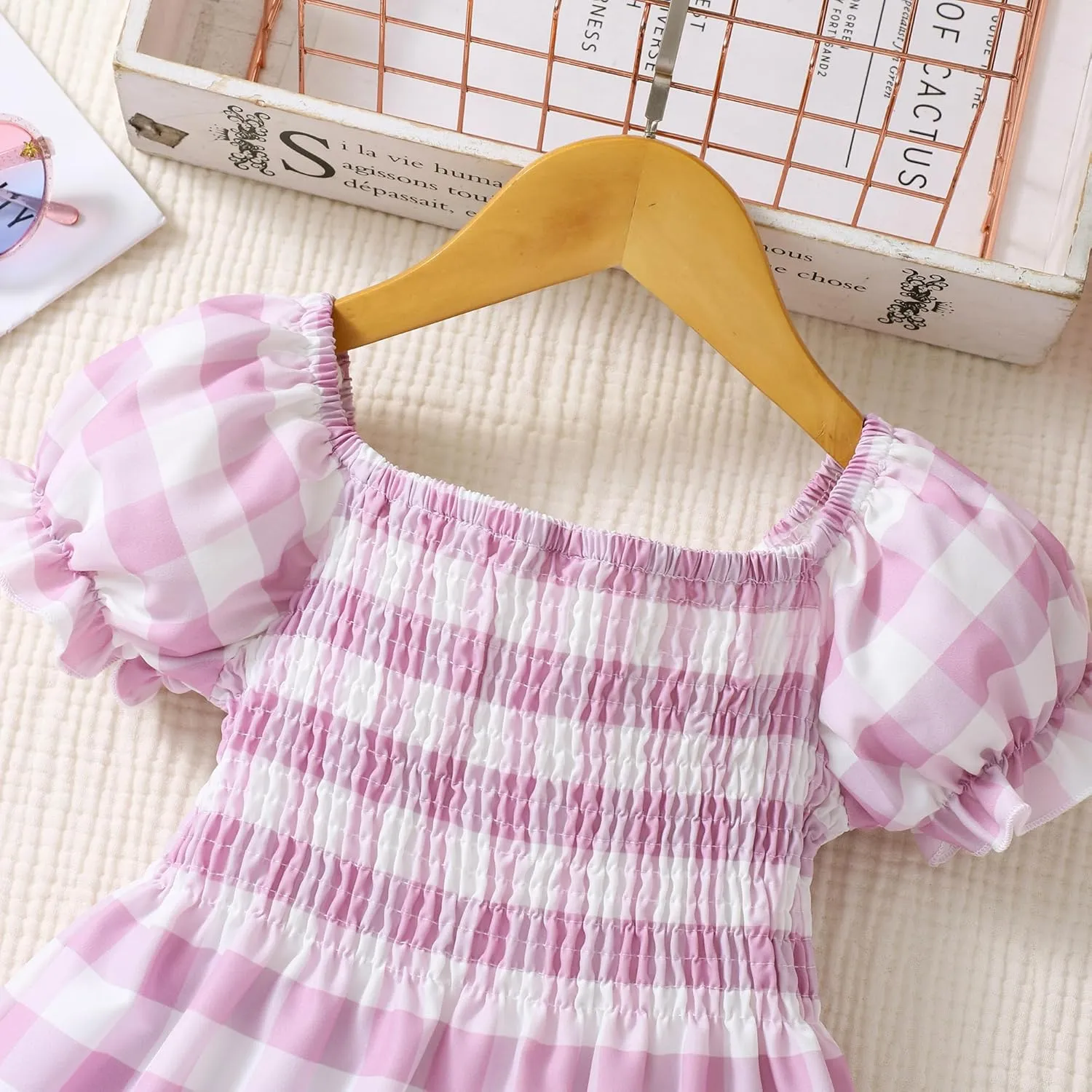 Toddler Baby Girls Summer Floral Dress Kids Puff Sleeve Square Neck Smocked Flowy Sun Dresses 2-8 Years