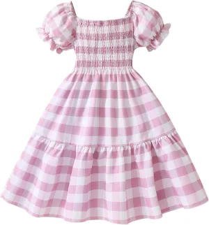 Toddler Baby Girls Summer Floral Dress Kids Puff Sleeve Square Neck Smocked Flowy Sun Dresses 2-8 Years