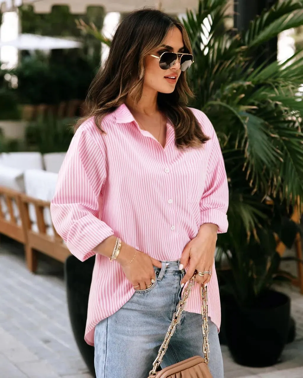 Women's Button Down Shirts Striped Long Sleeve Tops Classic Office Work Blouses with Pocket