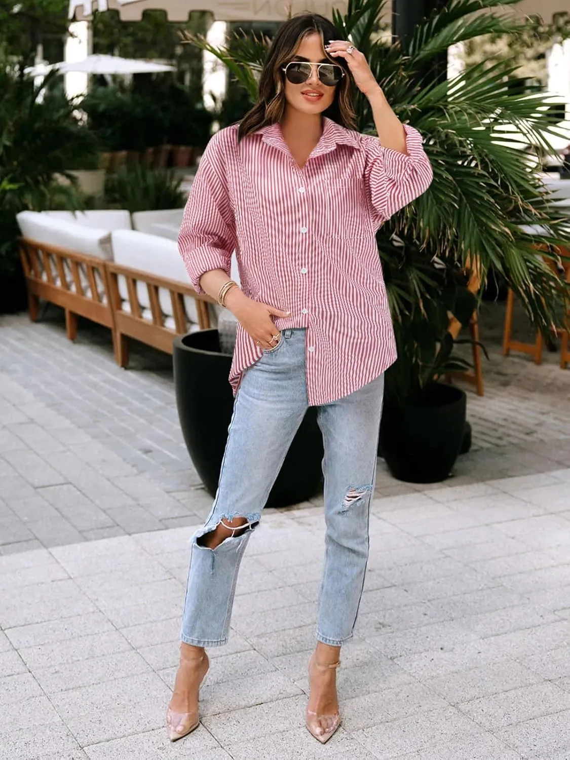 Women's Button Down Shirts Striped Long Sleeve Tops Classic Office Work Blouses with Pocket