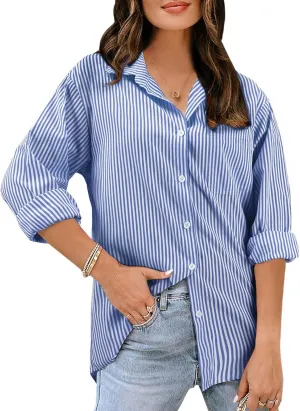 Women's Button Down Shirts Striped Long Sleeve Tops Classic Office Work Blouses with Pocket