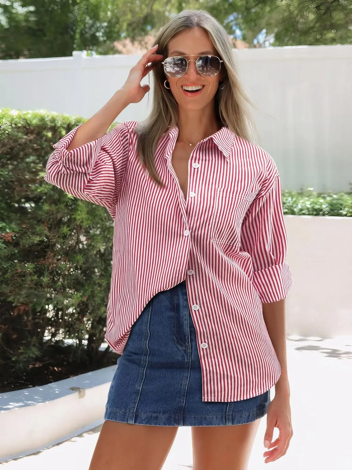 Women's Button Down Shirts Striped Long Sleeve Tops Classic Office Work Blouses with Pocket