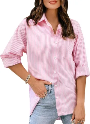 Women's Button Down Shirts Striped Long Sleeve Tops Classic Office Work Blouses with Pocket