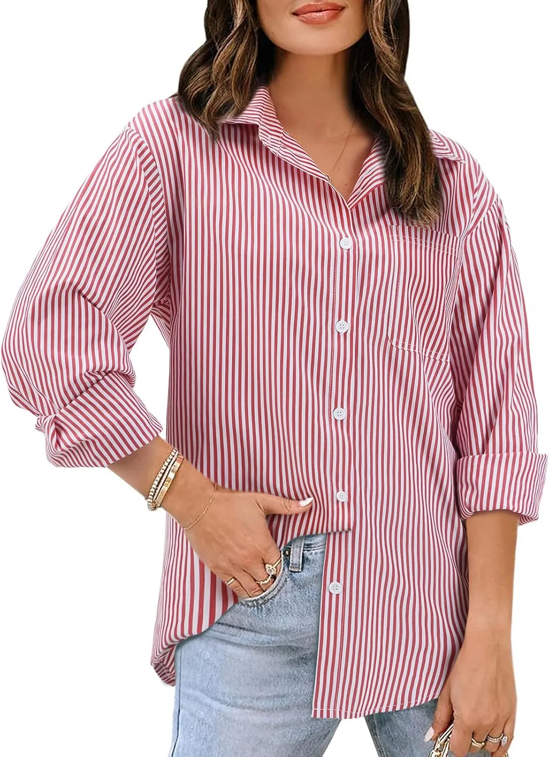 Women's Button Down Shirts Striped Long Sleeve Tops Classic Office Work Blouses with Pocket