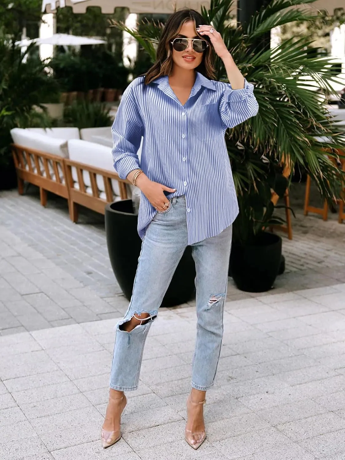 Women's Button Down Shirts Striped Long Sleeve Tops Classic Office Work Blouses with Pocket