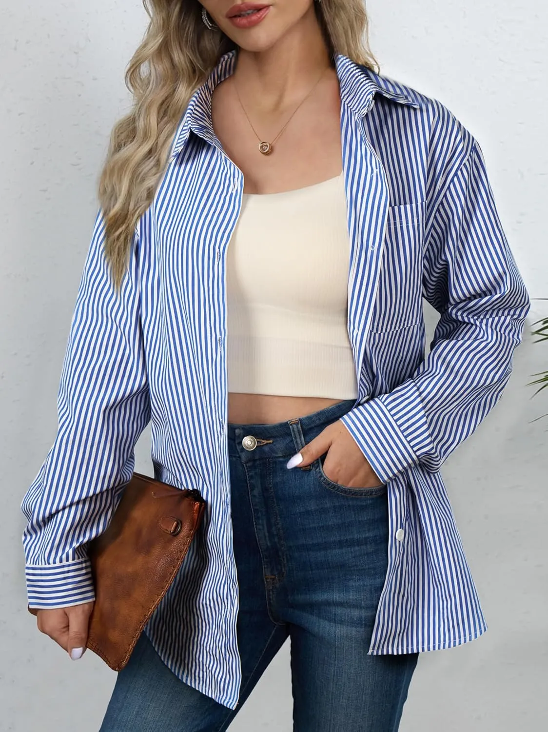Women's Button Down Shirts Striped Long Sleeve Tops Classic Office Work Blouses with Pocket