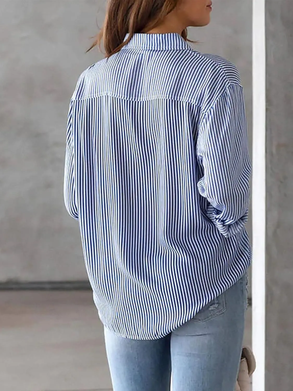 Women's Button Down Shirts Striped Long Sleeve Tops Classic Office Work Blouses with Pocket