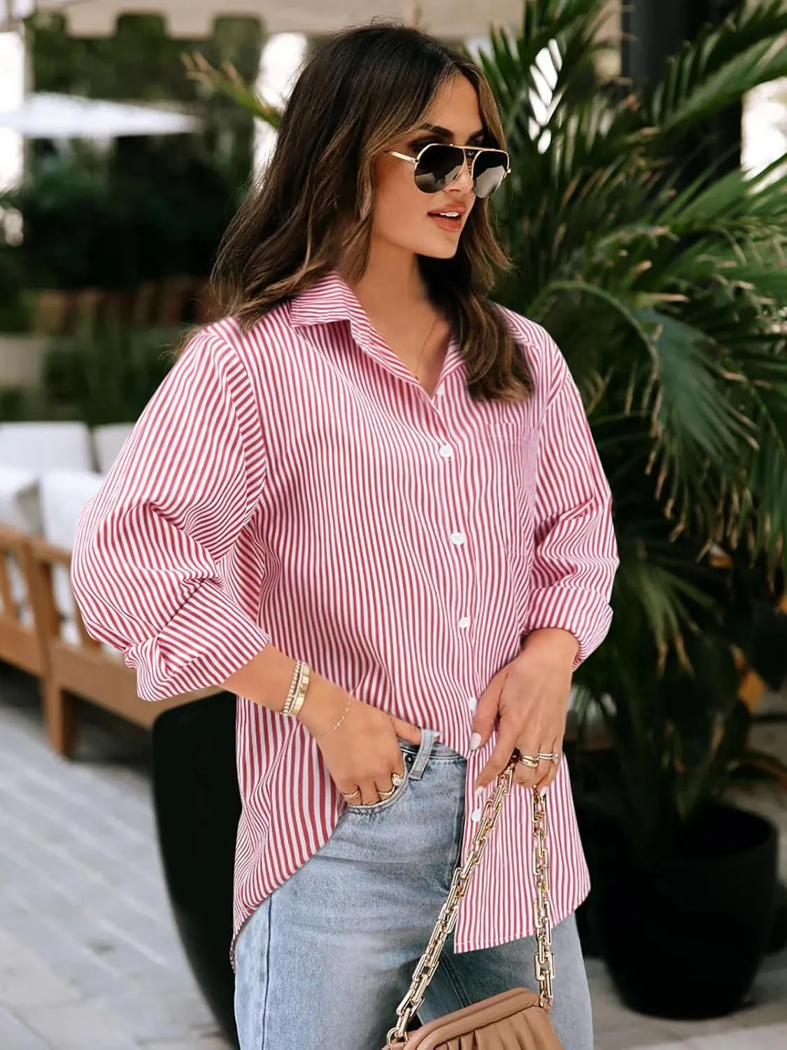 Women's Button Down Shirts Striped Long Sleeve Tops Classic Office Work Blouses with Pocket