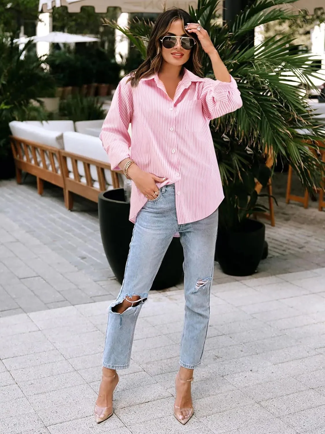 Women's Button Down Shirts Striped Long Sleeve Tops Classic Office Work Blouses with Pocket