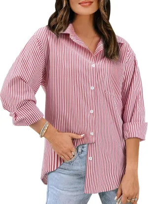 Women's Button Down Shirts Striped Long Sleeve Tops Classic Office Work Blouses with Pocket