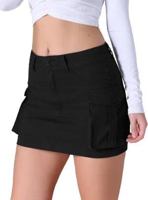 Women's Denim Skirt Cargo Flap Pockets Button Fly Stretch Y2K Mini Jean Skirts