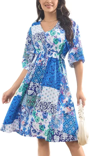 Women's Floral Daily Dress V Neck Ruffle Sleeve Elastic Fold Belt Hem A-Line Flowy Midi Dresses