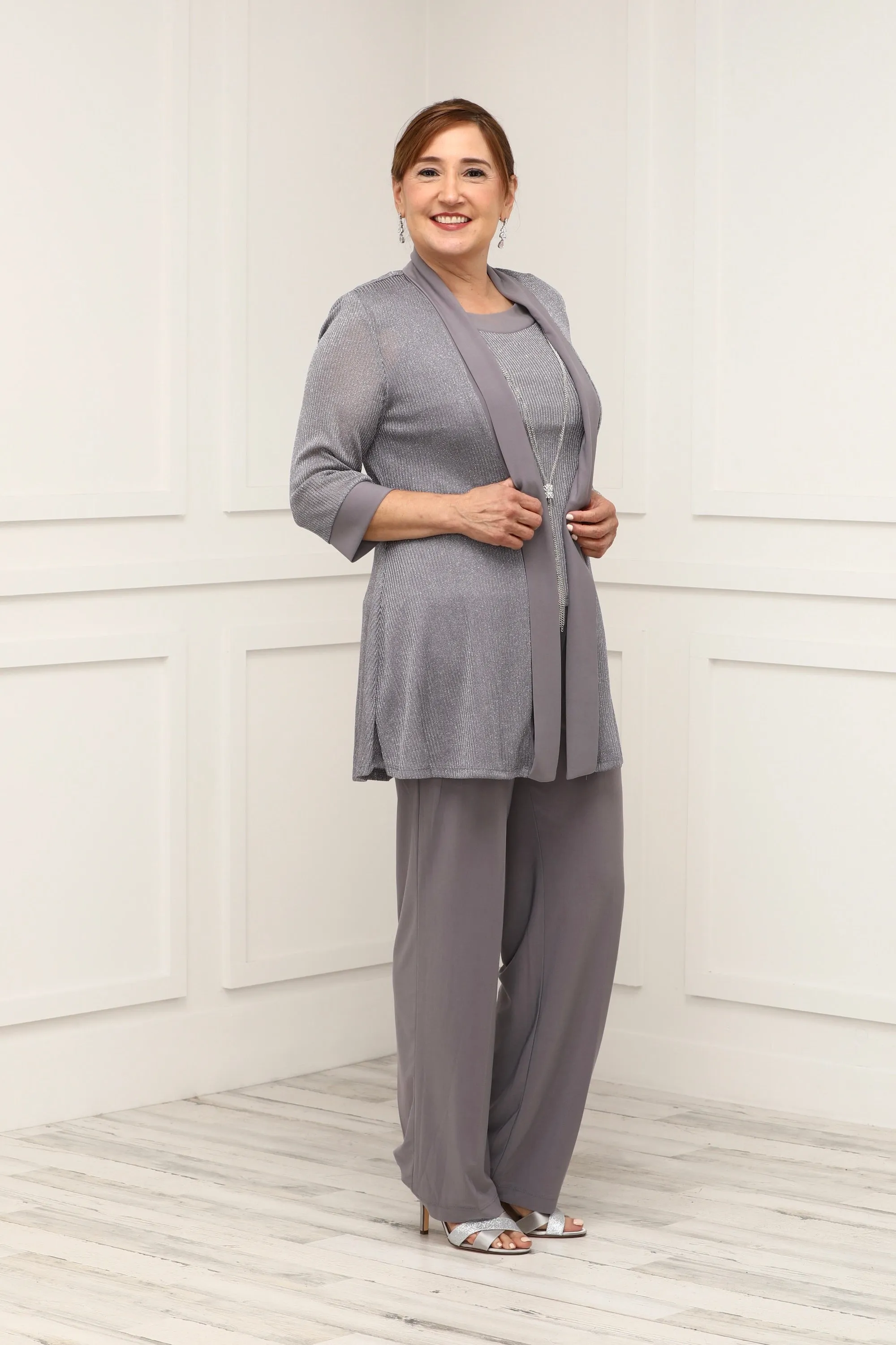 Women's Petite - Two Piece Metallic Rib Pant Set - Special occasion Pant Suit